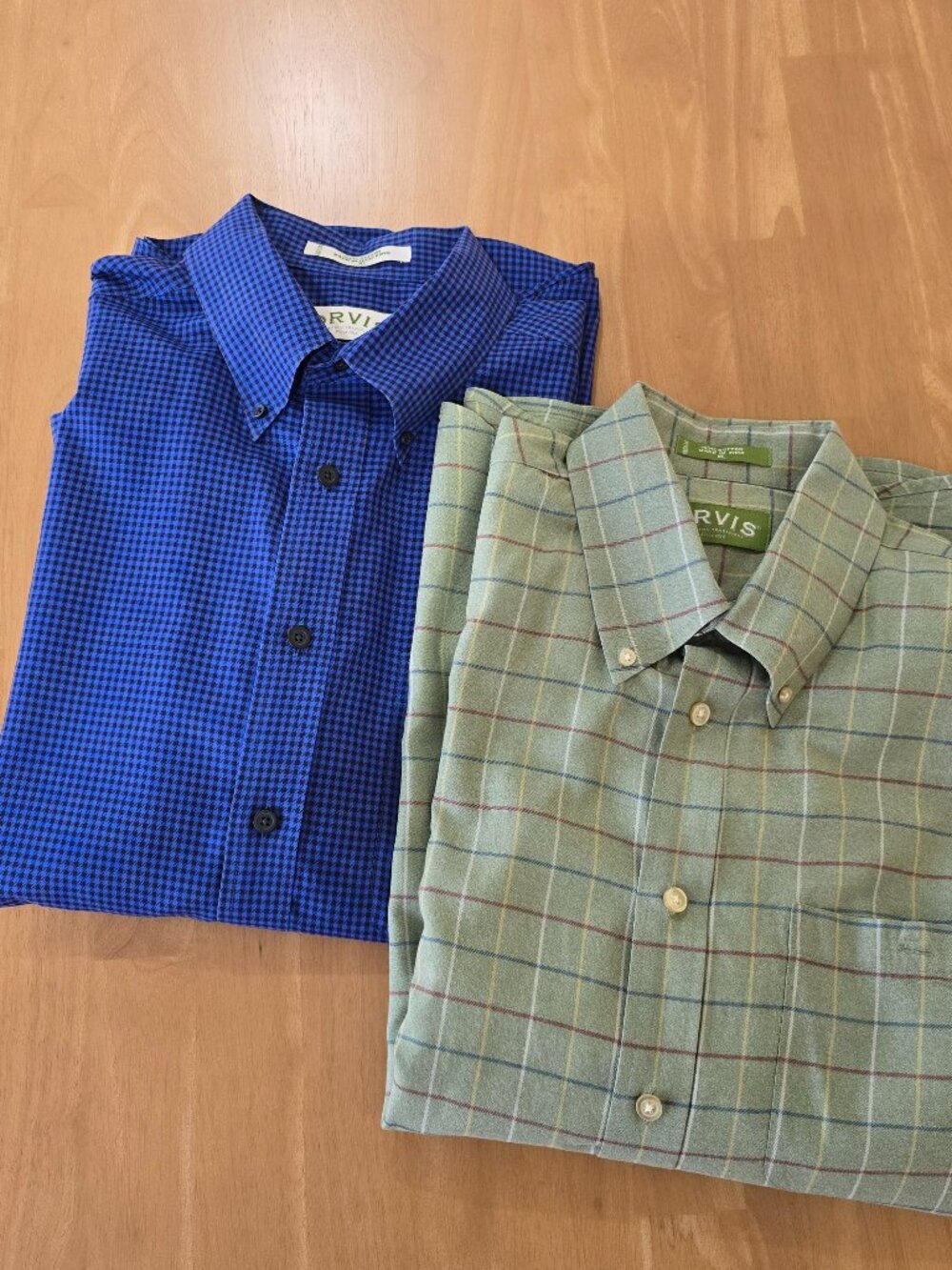 Orvis Men's Button Up Shirts (lot of 2) Blue/Black Check Sage Green Plaid Sz XL
